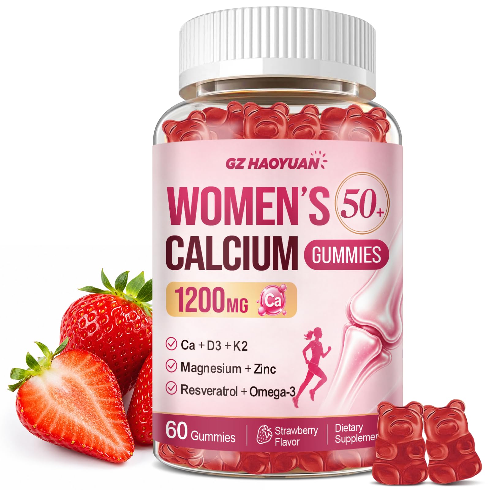 50+ Women’s Calcium Citrate Gummies, 1200mg Calcium with Vitamin D3, K2, C & Zinc, Magnesium Glycinate, Calcium Supplements for Women Over 50, Mobility Support, Strawberry Flavor, 60 Count Strawberry 60 Count (Pack of 1)