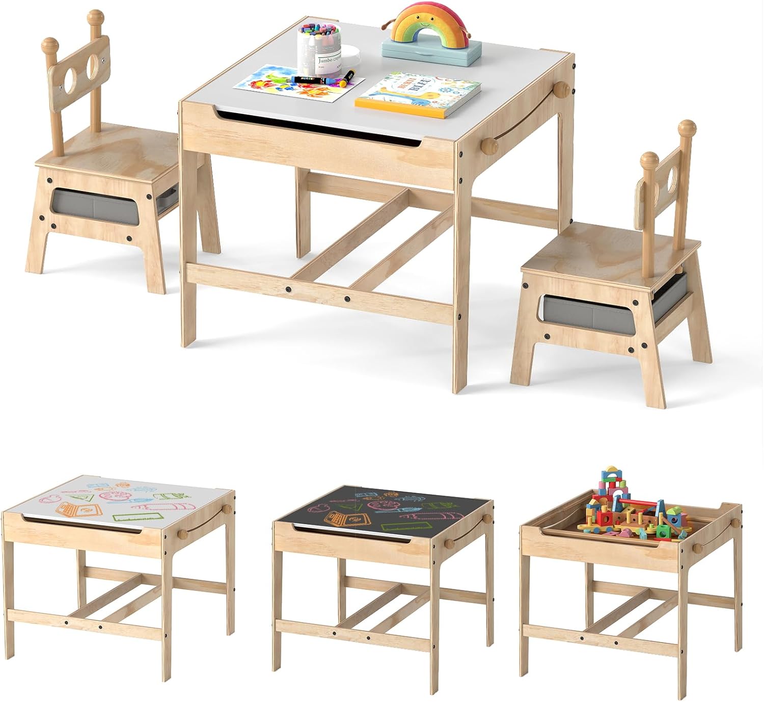 Costzon Kids Table and Chairs, 3 in 1 Wooden Activity Toddler Desk w/Reversible Whiteboard & Chalkboard, Hidden Space and Drawers for Arts, Crafts, Play, Toddler Table and Chair Set (Gray,Giraffe)