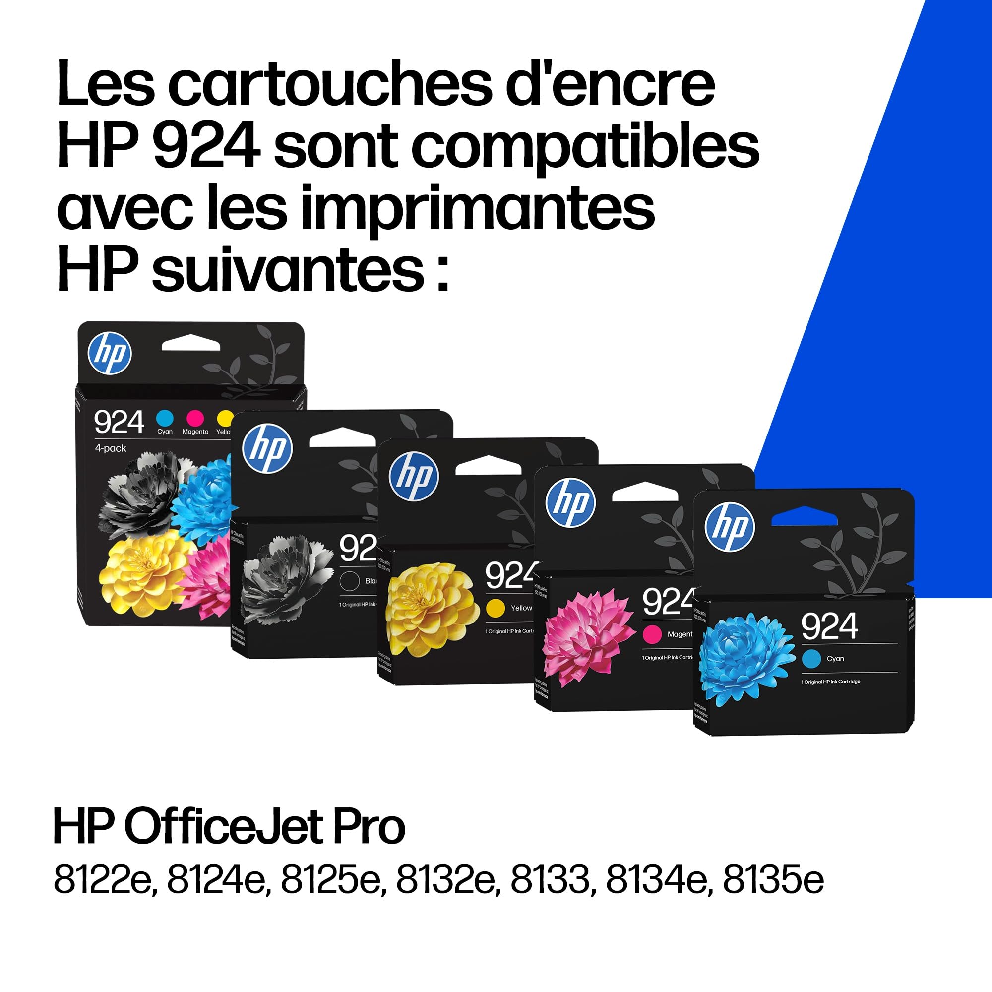 HP 924 Noir, Cyan, Jaune et Magenta, 4 Cartouches Encre Originales