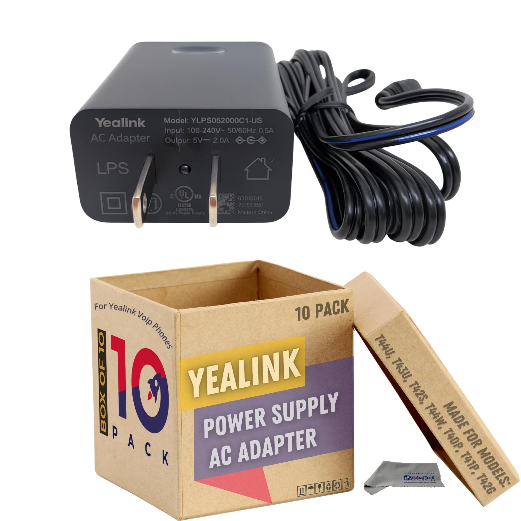Global Teck Bundle of 10 Yealink PS5V2000US Power Supply 5V 2A with 10 GTW Microfiber Cloth - Compatible with Yealink SIP Phone Models: T29G, T46S, T48S, T52S, T54S, T56A, T58V, T58A