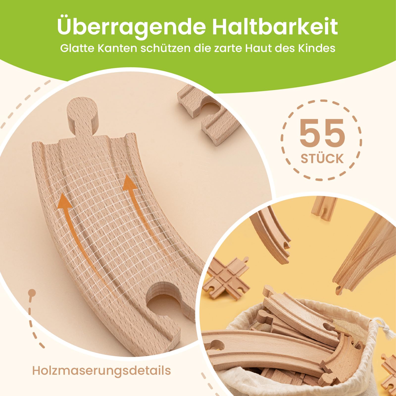 Tiny Land 55Pcs Holzeisenbahn Set - Holz Eisenbahn für Kinder mit Kran | Kombinierbar Zug Spielzeug, Holzeisenbahn Zubehör Passend für Alle Großen Marken, Holzzug Spielzeug für Kinder ab 3~5