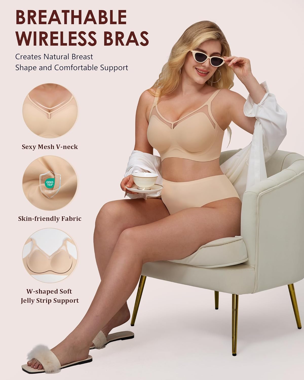 Womens Everyday Comfort Bra Full Coverage Wireless Bralettes Sexy Breathable V-Neck Mesh Soft Support Brassiere Beige 38DD - Image 2