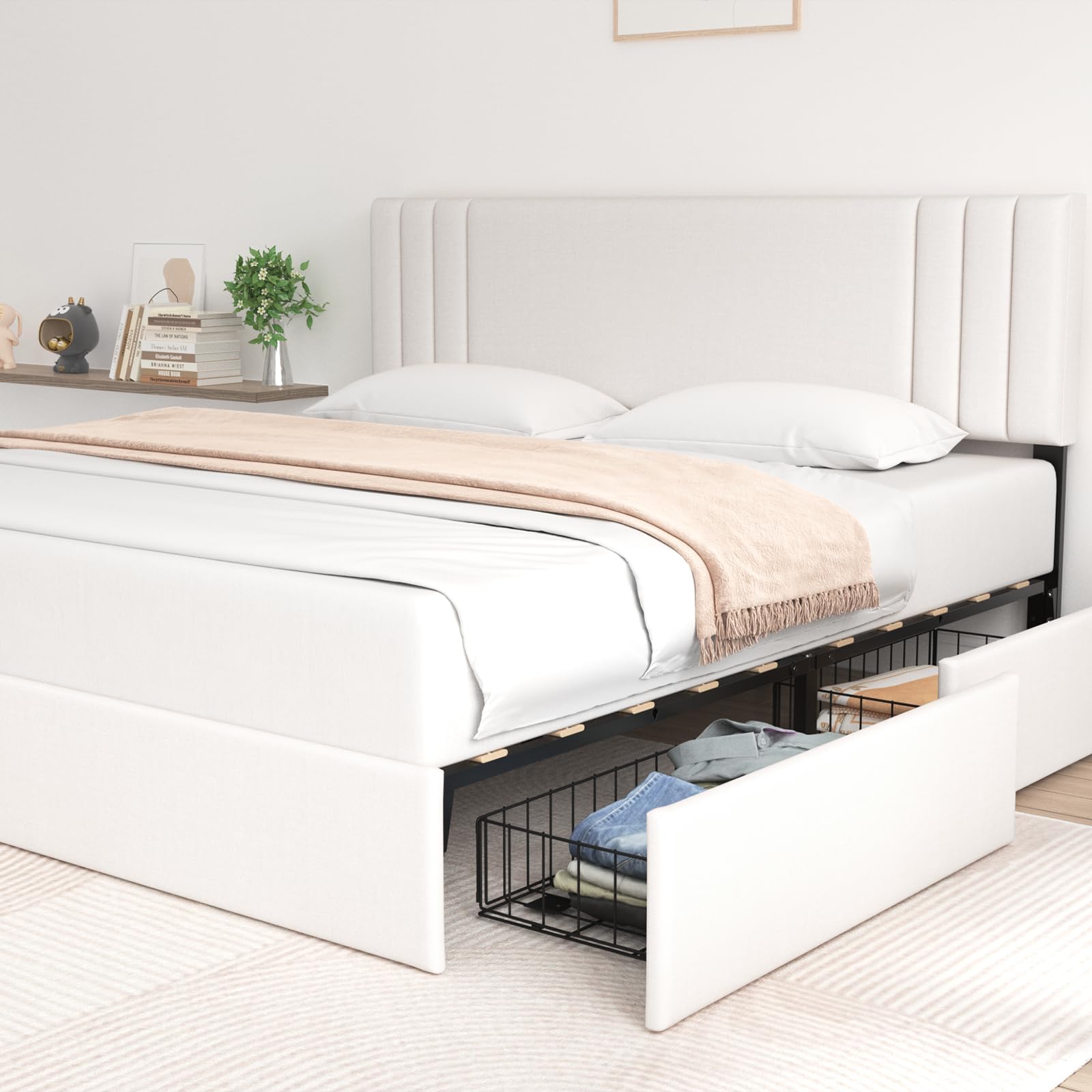 Molblly Upholstered Queen Bed Frame with 4 Storage Drawers