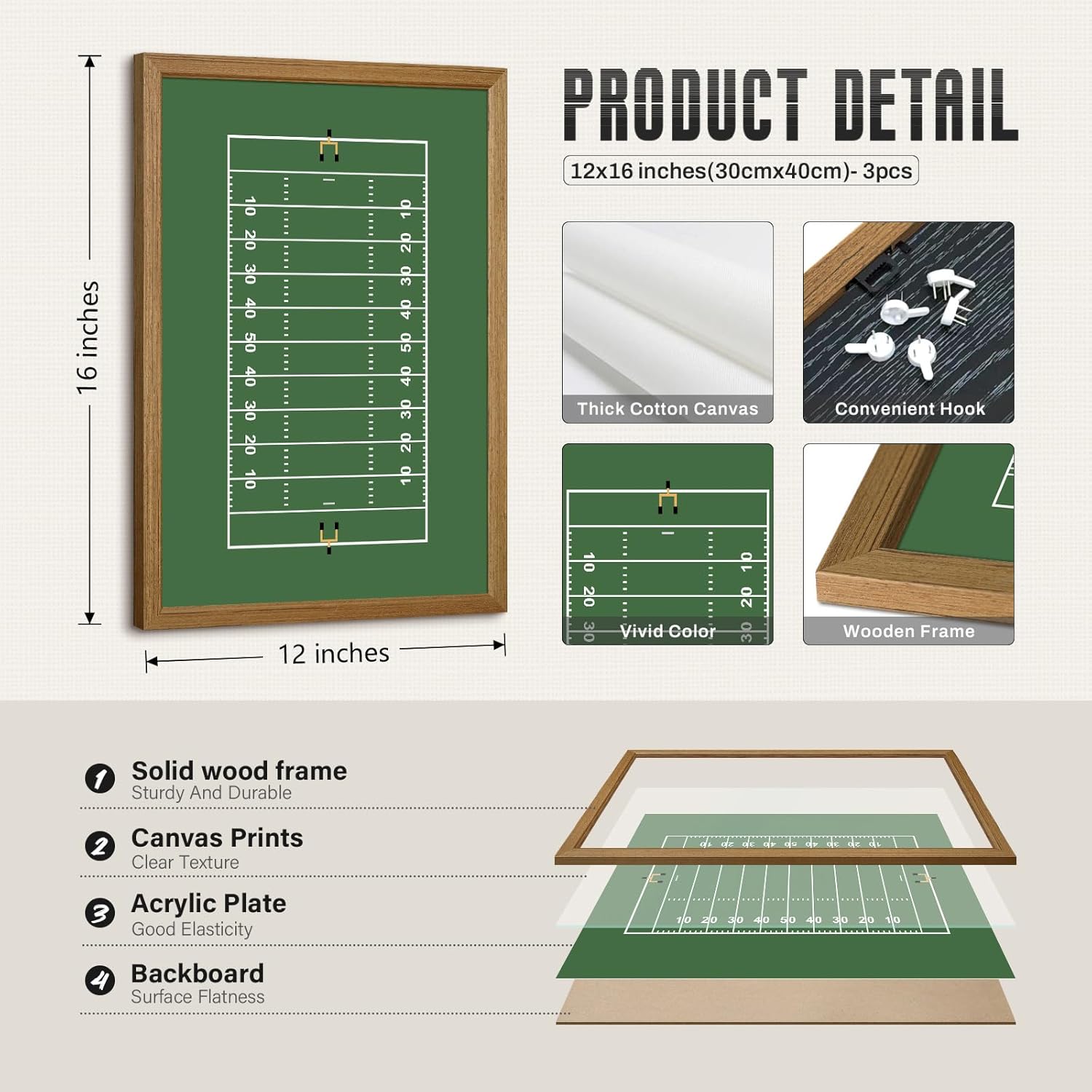 Boys Sports Wall Art Decor Nursery Kids Canvas Art Children Toddler Wall Art Basketball Boys Room Poster Sports Fields Pictures Football Painting for Bedroom Living Room 12x16x3 Inch Wood Framed