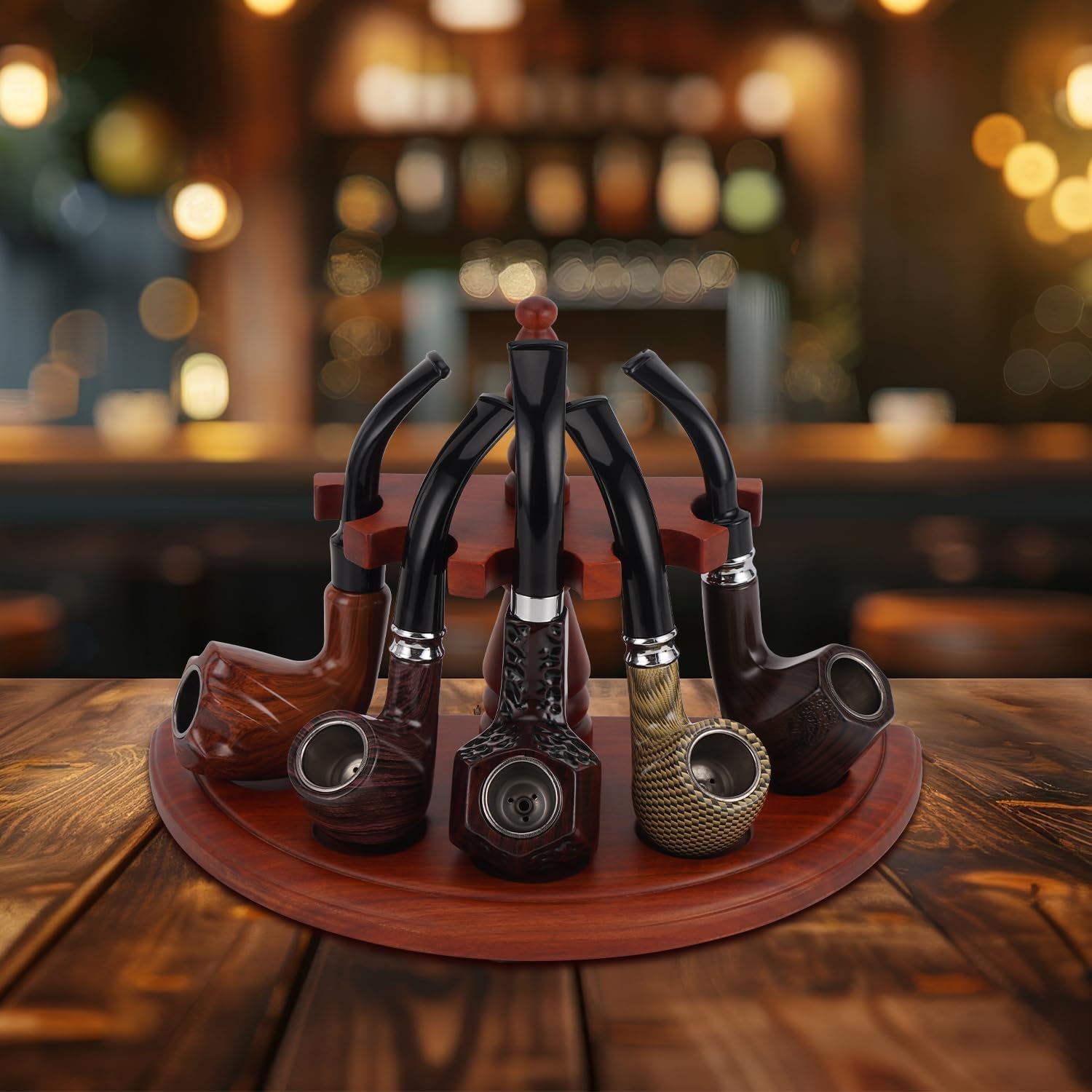 Solid Rosewood Tobacco Smoking Pipe Stand Holder for 5 Pipes - Artisan Handcrafted Tobacco Pipe Rack Luxury Organizer with Roman Columns| Natural Wood Grain Display & Collector's Storage Rack(Tobacco Pipe Not Included)