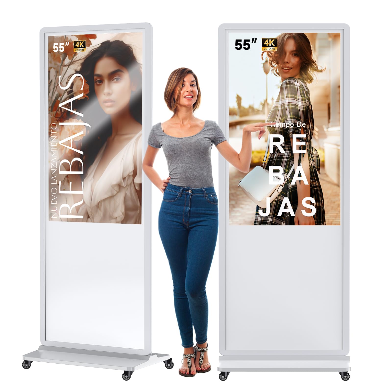 QIXZOCV55 Inch 4K Touchscreen Kiosk, Indoor Floor Standing Digital Signage Displays, Advertising Display LCD Totem, Interactive Display Poster Android System with Auto Media Player-White