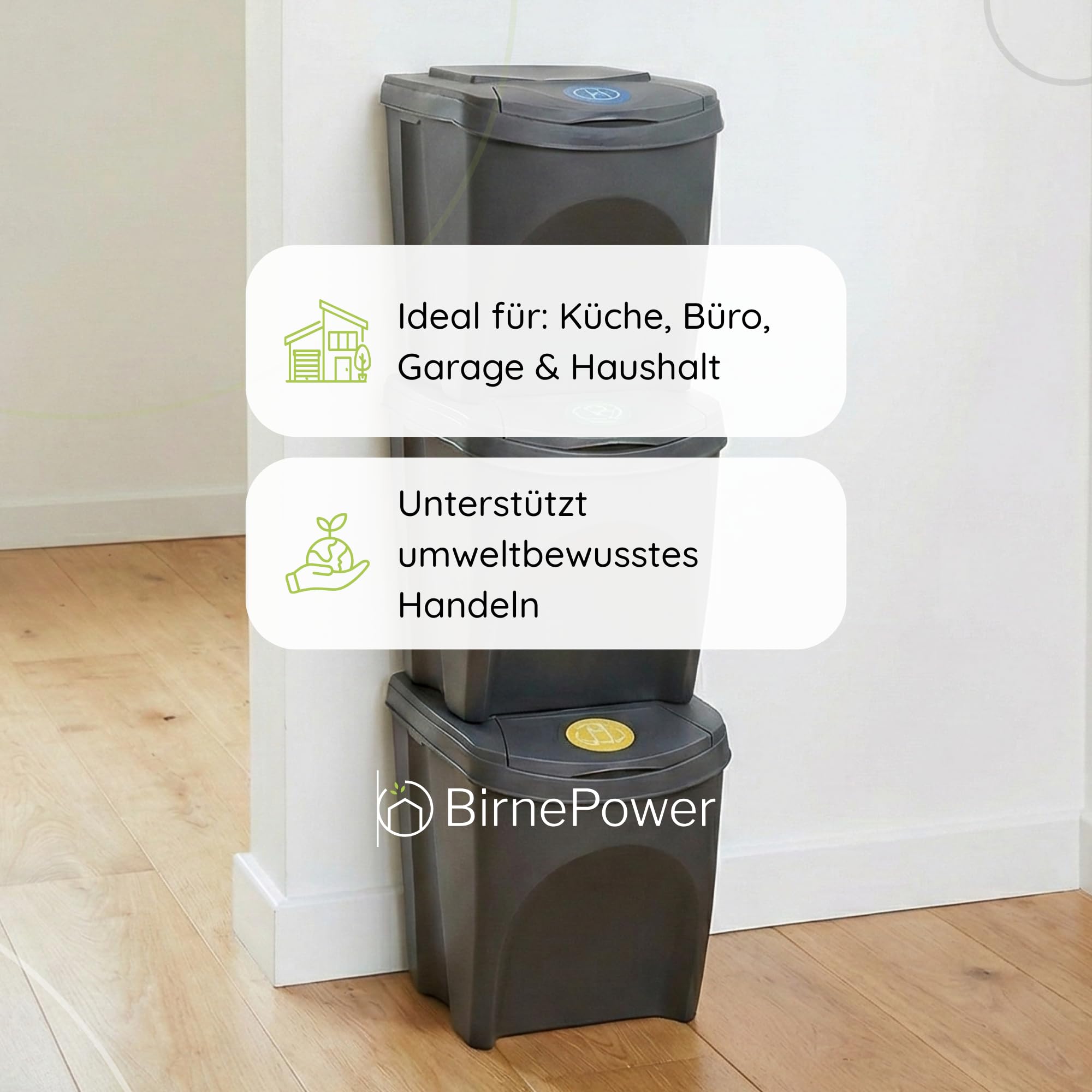 BirnePower Sortibox Mülltrennsystem 4x25L – 100L Mülleimer Set anthrazit mit farbigen Deckeln – stapelbare Abfalleimer mit Deckel für Küche, Haushalt und Garten Müllsortierer
