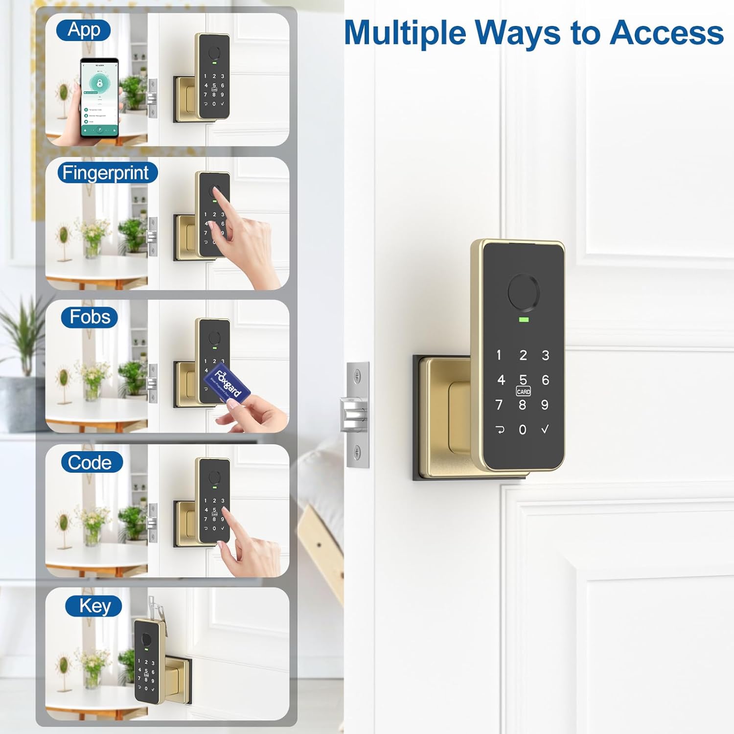 Foxgard Fingerprint Door Lock – 5-in-1 Biometric Smart Lock with Keypad, App Control, Key, Auto-Lock, Electronic Anti-Lock – Keyless Entry for Bedroom, Office, Indoor Use – Gold