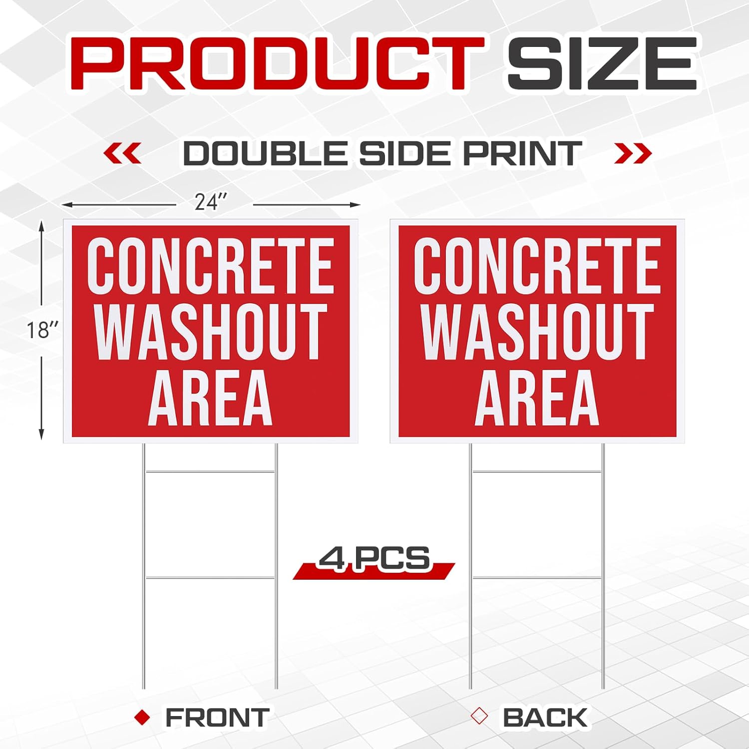 Set of 4 Concrete Wash Out Sign with Metal Stand 18 x 24 Double Sided Concrete Washout Sign Durable and Weatherproof Plastic Board Caution Danger Safety Security Warning Notice Boards
