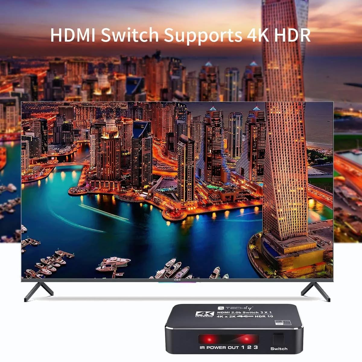Techly 367171 - Conmutador HDMI 2.0b 3 in 1out 4K HDR HDCP2.2 con Mando a Distancia Negro