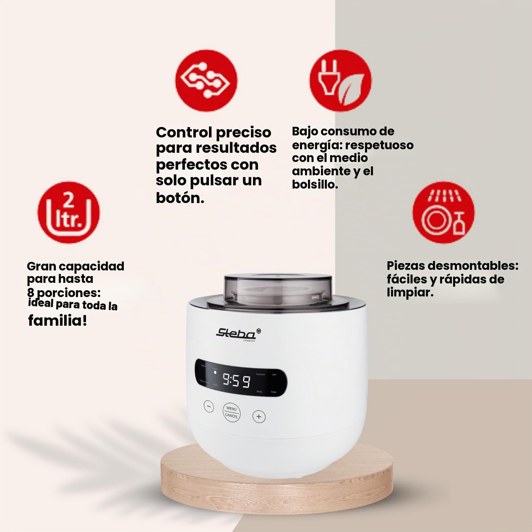 Yogurtera Steba para hacer yogur casero con una consistencia perfecta, 5 programas aromáticos, pies de goma antideslizantes y fácil limpieza. FERMENTO JM 4.