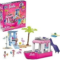 MEGA Barbie – Barca dei Sogni di Malibu, playset da costruire da 317 pezzi, include 3 mini bambole, 2 cuccioli e tanti accessori, giocattolo per bambini,, 6+ anni, HPN79