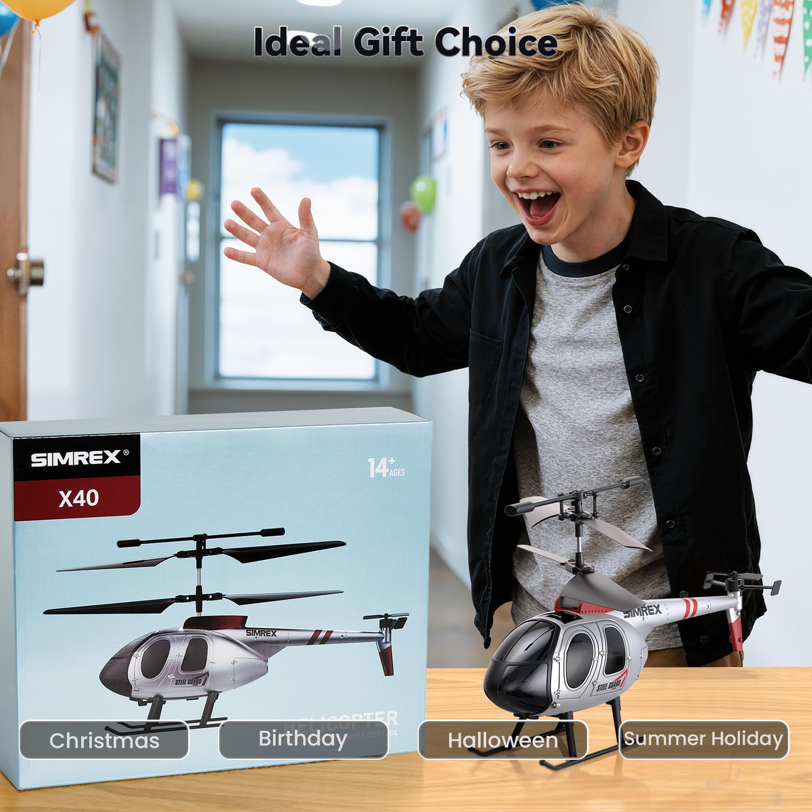 SIMREX Helicóptero RC para niños y principiantes | Mantenimiento de altitud, 2 velocidades, recargable con 2 baterías, juguetes para interiores y exteriores, niños y niñas