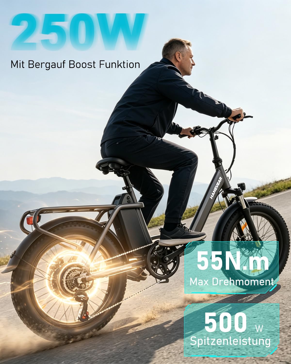HANEVEAR H6-Light E Bike Klapprad, Elektrofahrräder mit Drehmomentsensor | 48V 14,5Ah Akku bis zu 120km+ | 55N.m 250W-Motor | 3.0'' Fat E-Bike, Off-Road Pedelec EBike Herren Damen