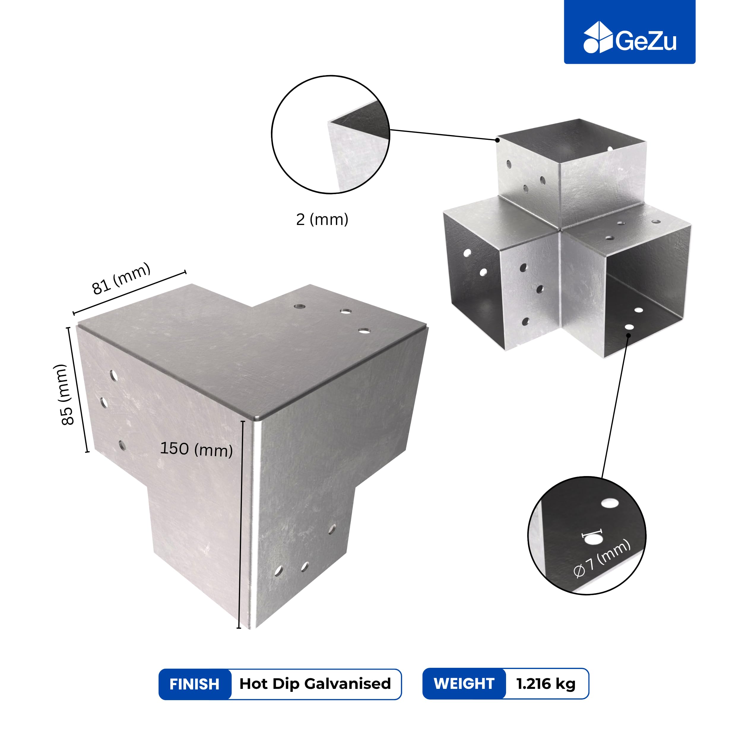 GeZu Impex Connettore per Palo Y 81x81 mm Set di 8 Zincato a Caldo Pergola Connettore d’Angolo a 3 Vie a 90° Padiglione Fai-da-te Supporto per Lavori Legno