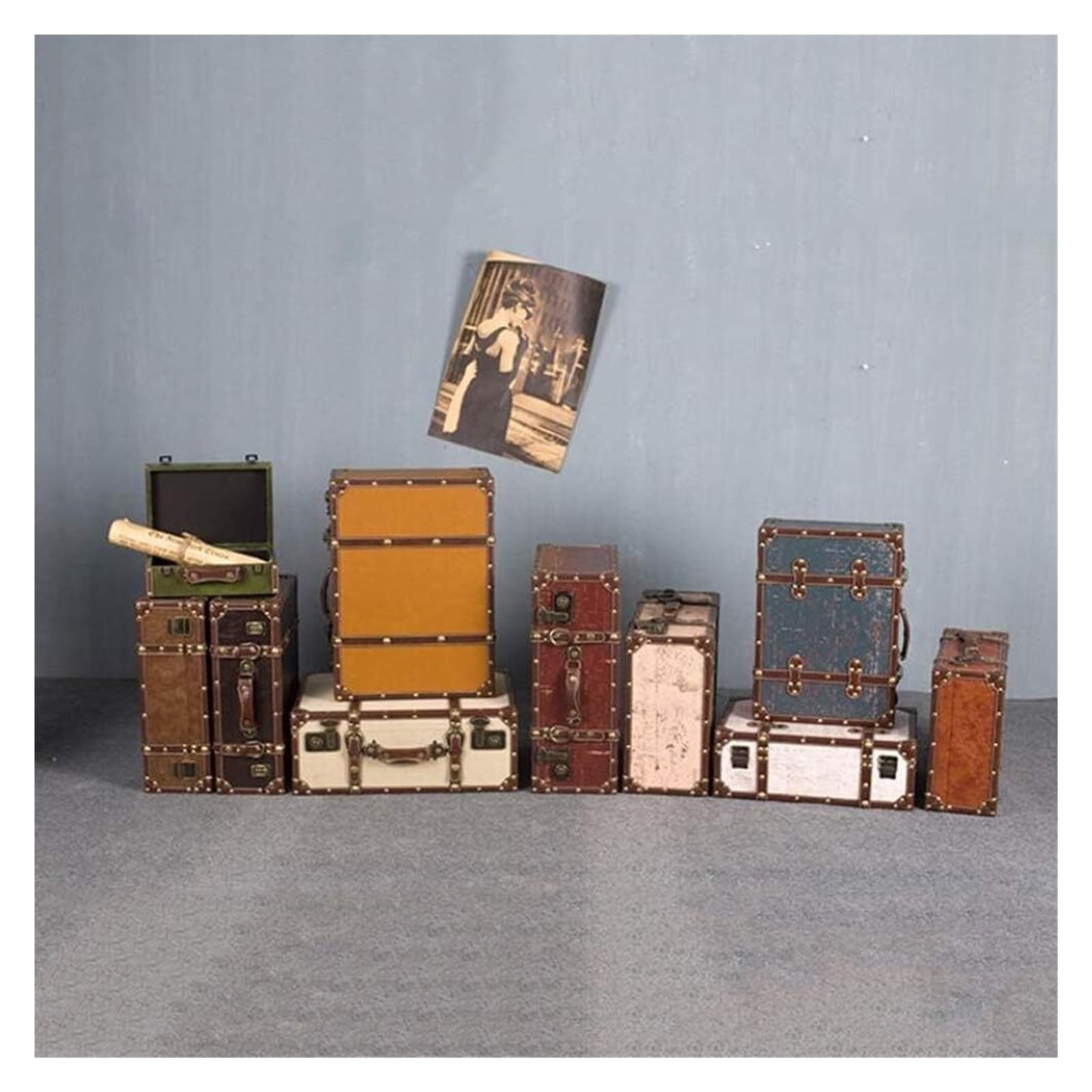 Maleta Retro, baúl de Madera Antiguo, Caja Decorativa de Almacenamiento de Equipaje, Maleta de embarque para Viajes, escaparate, Accesorios de fotografía (B-61X21X40CM)