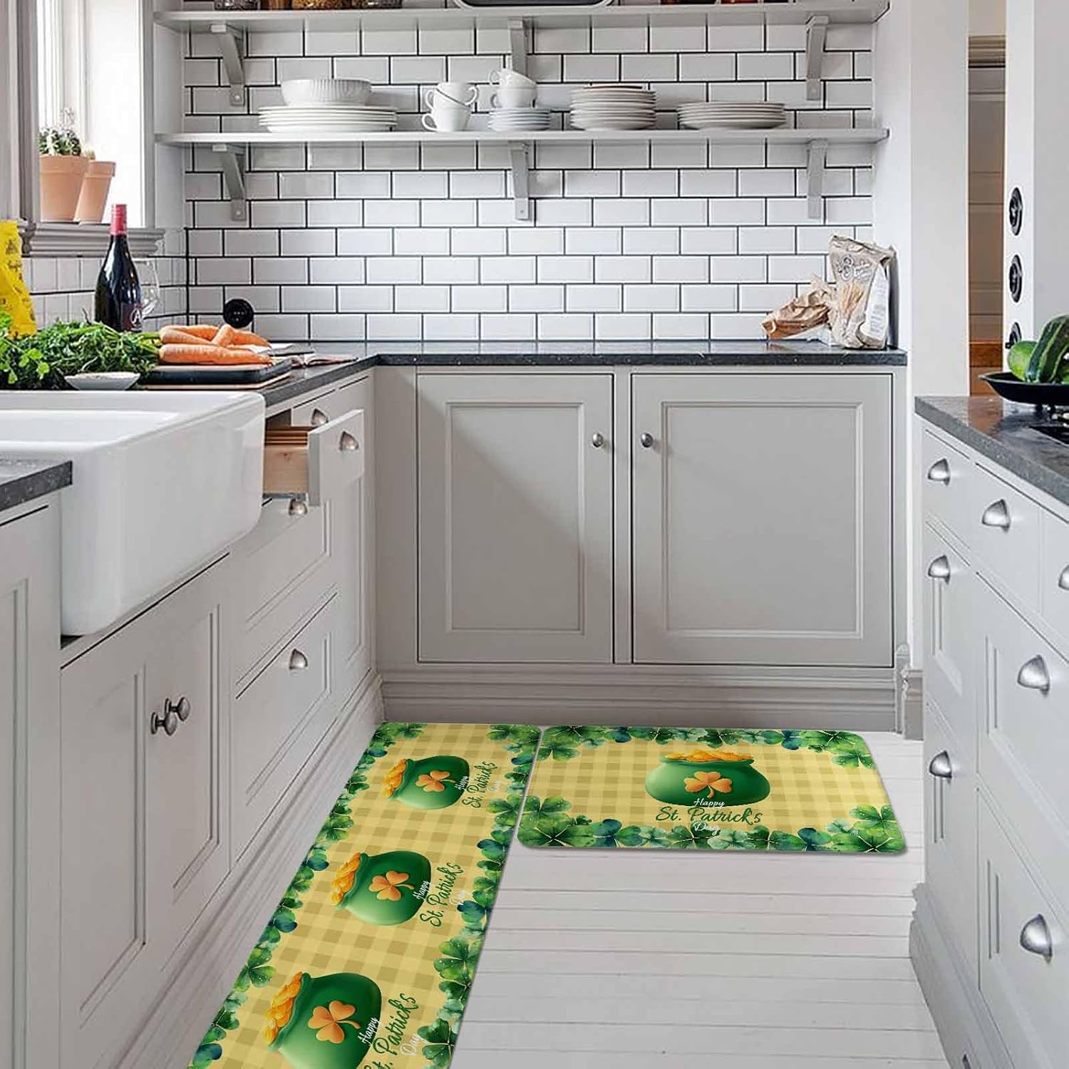 Happy St. Patrick's Day Kitchen Rugs and Mats Set of 2, Non-Slip Kitchen Sink Mat, Spring Coin Clovers Yellow Plaid Washable Doormat Bathroom Rugs Runner for Bedroom 19.7"x23.6"+19.7"x47.2"