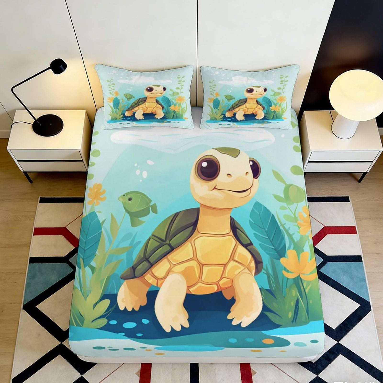 3D Printed Cute Turtle Fitted Sheet Microfiber Soft Breathable Cartoon Turtle Mattress Cover for Bedroom Dormitory Guest Room Mattress Protection Decor 120x200x25cm
