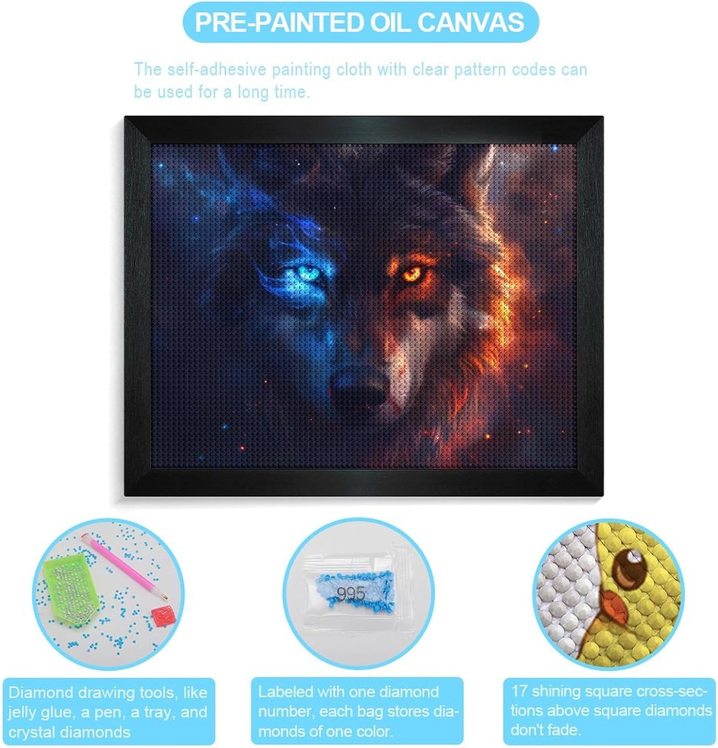Wolf with Blue And Orange Eyes Printed Diamond 5D Painting Kit 16x20in DIY Full Drill Craft with Tools for Home Wall Decor Gift Blackwood 50 * 40cm