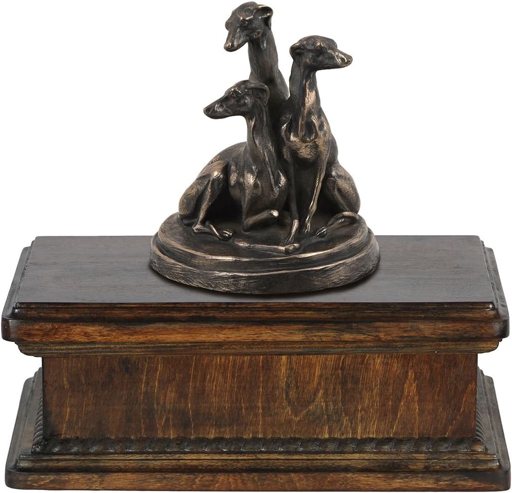 Art-Dog Custom Dog Mama Sitting Statue Memorial Urn - Handmade Cold Cast Bronze on Birch Base – Sturdy and Stylish Urn for Dog’s Ashes – 24,5x29x21cm – 5l – Whippets