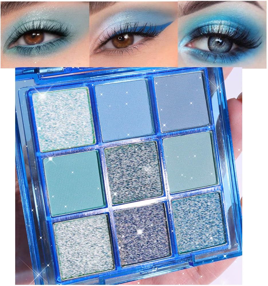 evpct 9 Colors Blue Glitter Eyeshadow Palette, Glitter Dark Light Royal Cobalt Baby Sky Navy Blue Metallic Shimmer Sparkly Eye Shadow Palette Makeup for Older Women Eyes, Highly Pigmented Eyeshadow