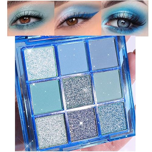 evpct 9 Colors Blue Glitter Eyeshadow Palette, Glitter Dark Light