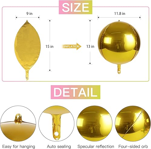 Miniatura 2 de Globos dorados grandes de 15 pulgadas, globos redondos grandes de 360 grados, esfera 4D, lámina de Mylar para baby shower, boda, revelación de