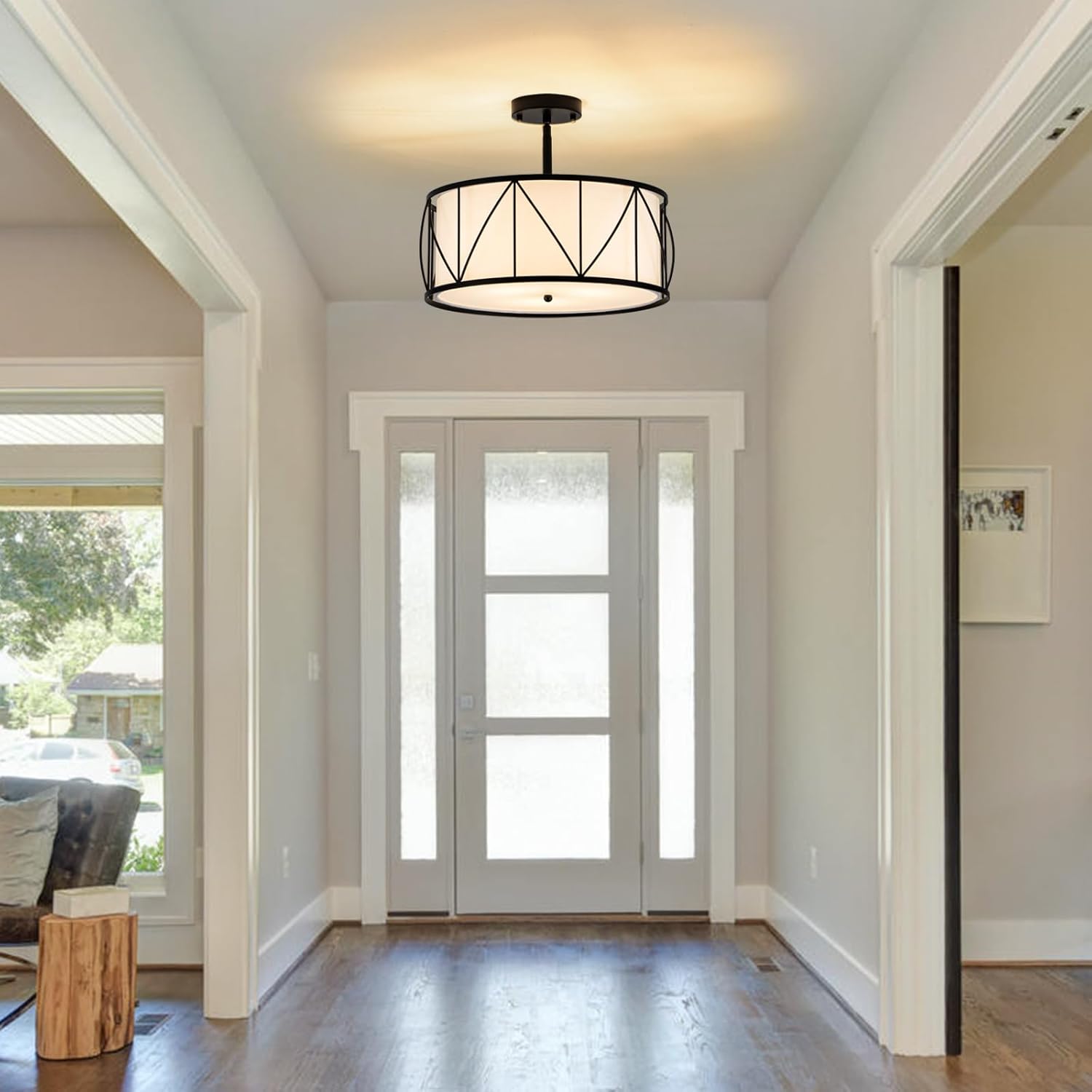 3-Light Semi Flush Mount Ceiling Light Fixture, 16.5" Bedroom Ceiling Light with Black Metal White Fabric Shade, Modern Drum Chandeliers for Dining Room Hallway Entryway Living Room Kitchen