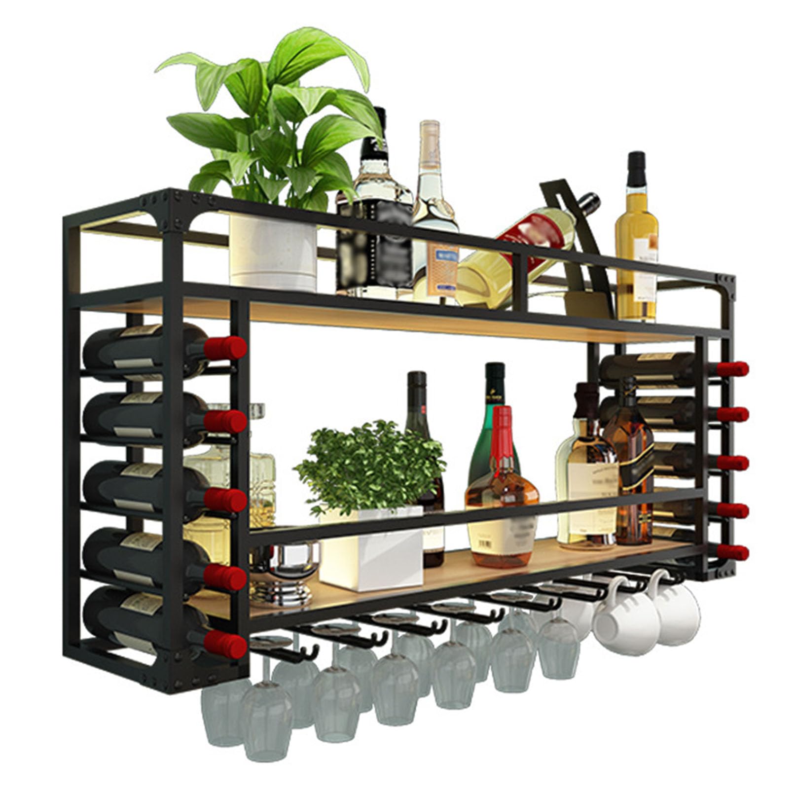 Étagère à vin murale 2 niveaux en métal noir avec porte-verres suspendus pour bar et cuisine