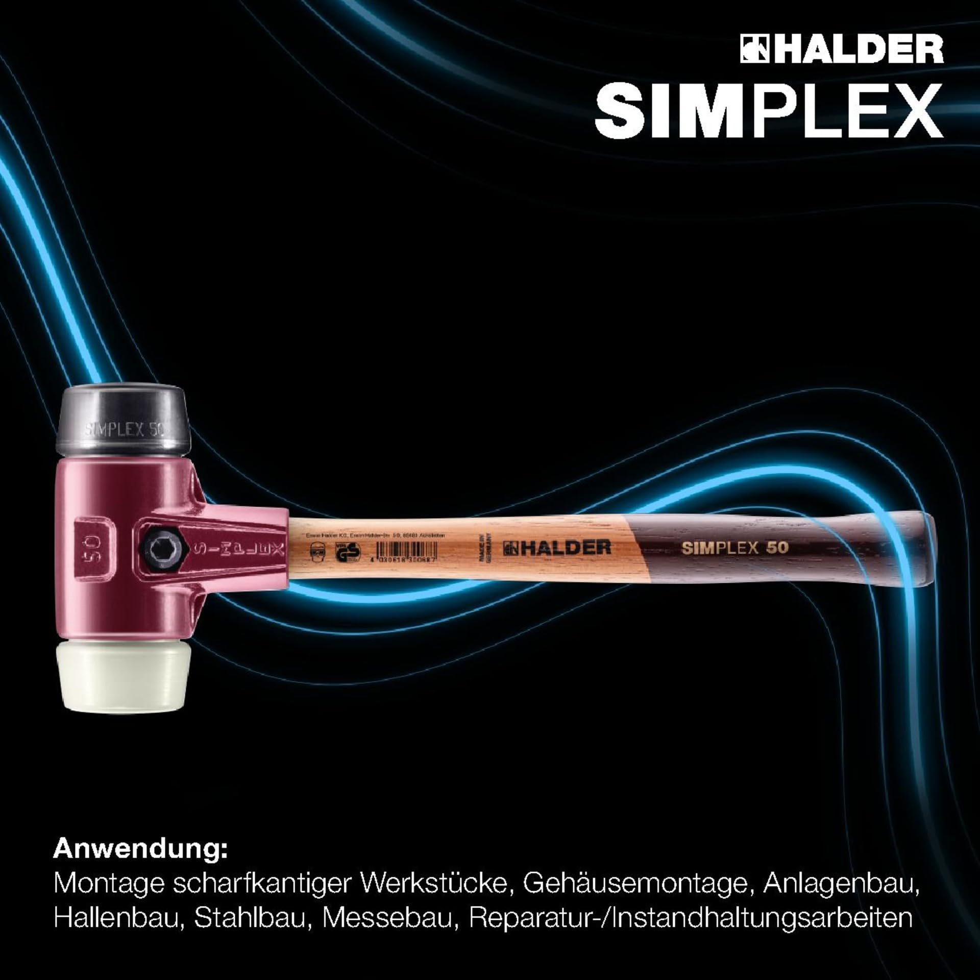 SIMPLEX-Schonhammer, Gummikomposition/Nylon; mit Tempergussgehäuse und hochwertigem Holzstiel | D=50 mm | 3028.050