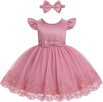 IBTOM CASTLE Toddler Baby Flower Girl Dress Pearl Lace Tulle Tutu Dress Headband Birthday Party Wedding Formal Pageant Gown