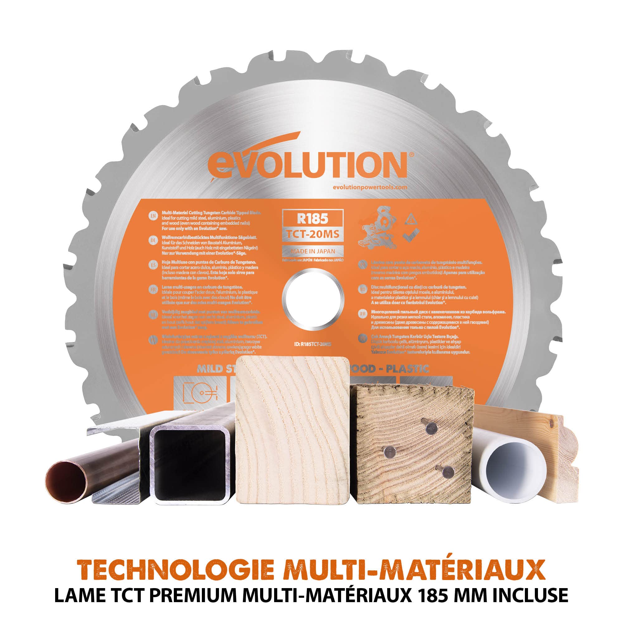 Evolution Scie à onglet coulissante sans fil Evolution Power Tools R185SMS-Li pour coupe multi-matériaux, biseau de 45°, onglet de 50°, 850 W. Comprend une lame TCT 185 MM et une garantie de 3 ans