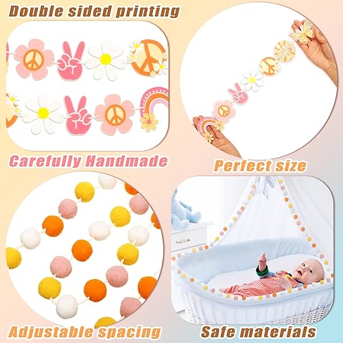 Miniatura 6 de Tegeme Juego de 4 guirnaldas de decoraciones de fiesta, bola de fieltro, pancarta hippie y margarita, juego de guirnalda bohemia con pompones de 6.5