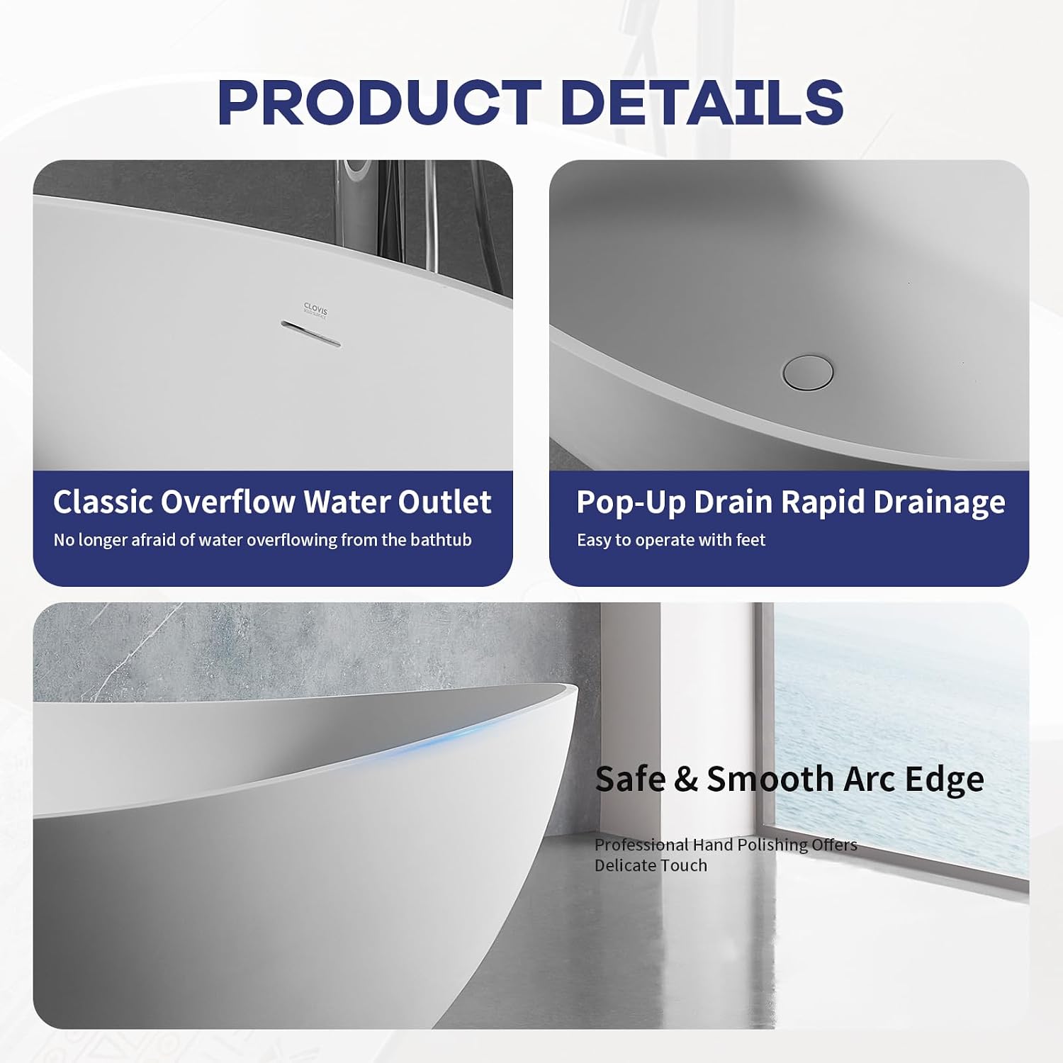 Homevacious 63 inch Stone Resin Bathtub Solid Surface Freestanding Tub with Overflow and Pop-up Drain Oval Shape Soaking Bathtub White