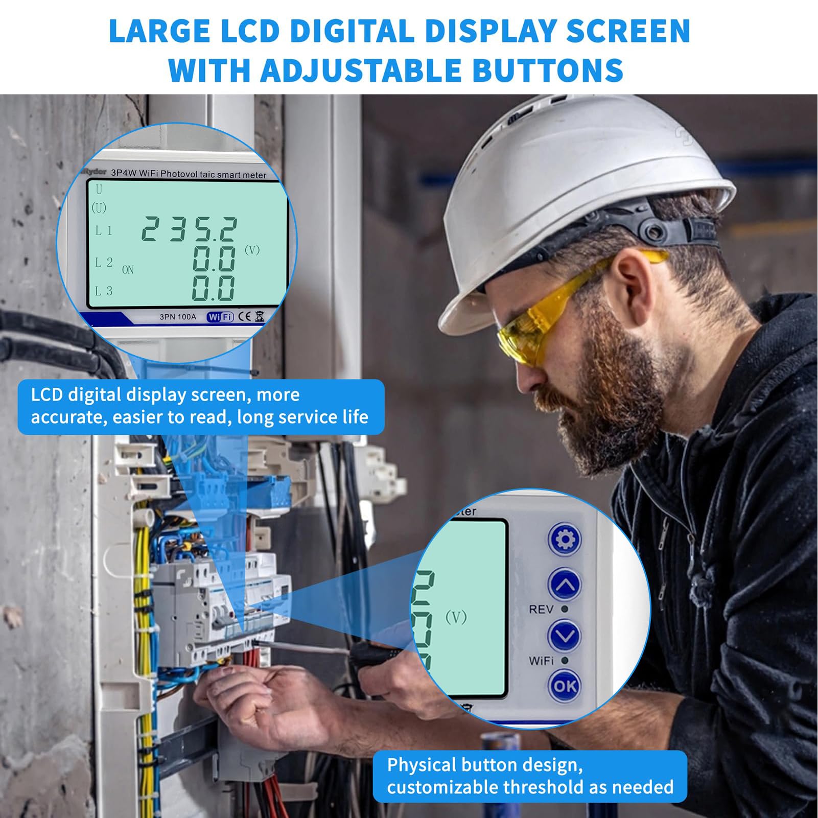 Contatore Energia Elettrica Wifi, 380VAC 100A Misuratore Consumo Elettrico WLAN Protezione di Richiusura Intelligente,Visualizzazione Energia Elettrica