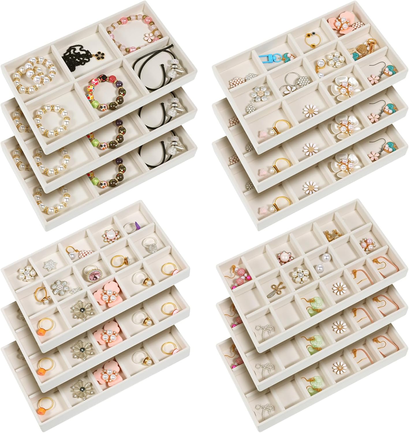 12 Pcs Stackable Jewelry Organizer Trays, Adjustable Velvet Jewelry Box Tray, Drawer Inserts Earring Organizer, Divided Earring Storage Containers, Ring Bracelet Display Case(Beige)