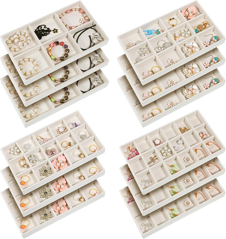 12 Pcs Stackable Jewelry Organizer Trays, Adjustable Velvet Jewelry Box Tray, Drawer Inserts Earring Organizer, Divided Earring Storage Containers, Ring Bracelet Display Case(Beige)