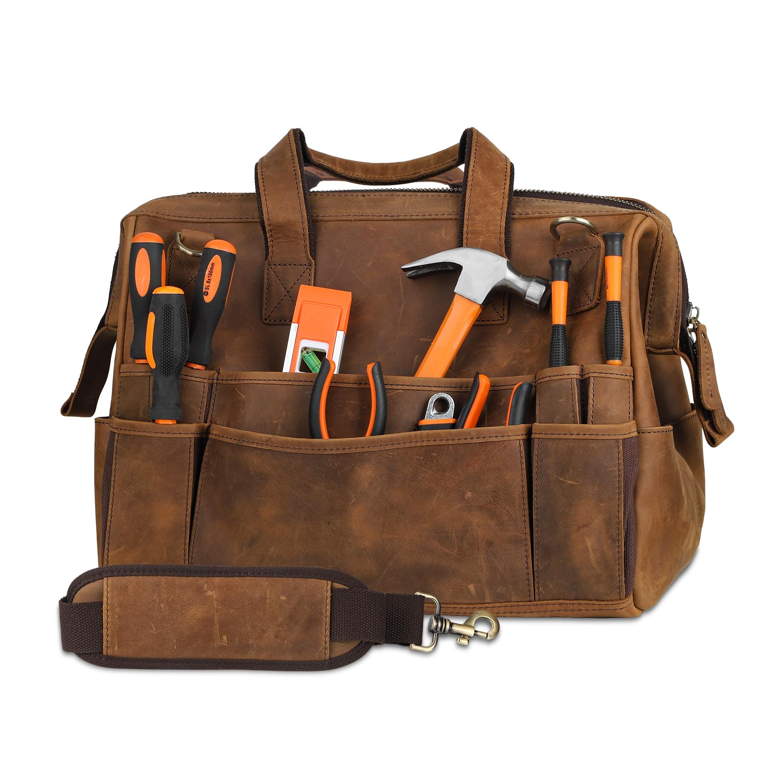 Leather Tool Bag Wide Mouth Tool Storage Bag for Hand Tools 16