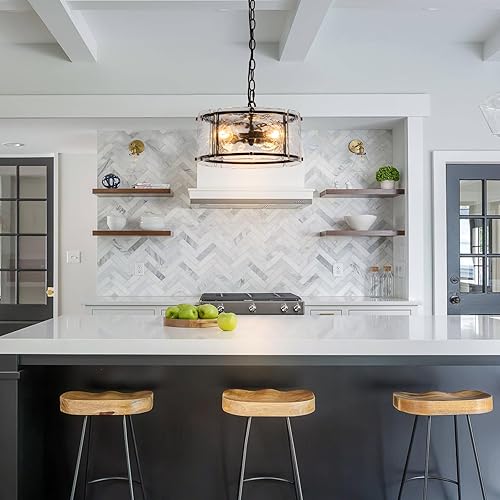 Miniatura 5 de Lámparas colgantes negras de 11.8 pulgadas, 3 lámparas de cristal de tambor pequeño para mesa con cadena, lámpara para vestíbulo, isla de cocina,