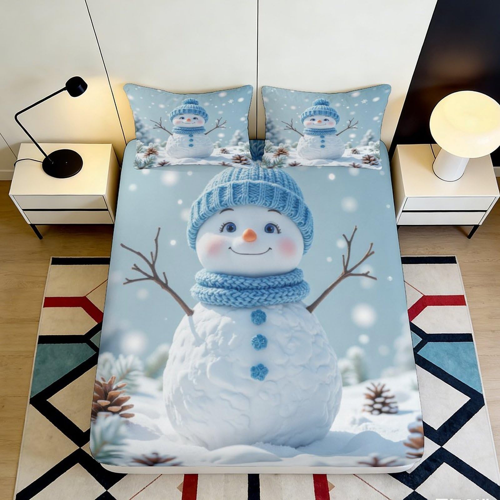 3D Printed Snowman Winter Cartoon Fitted Sheet Microfiber Soft Anti-Slip Mattress Cover for Bedroom Guest Room 120x200x25cm