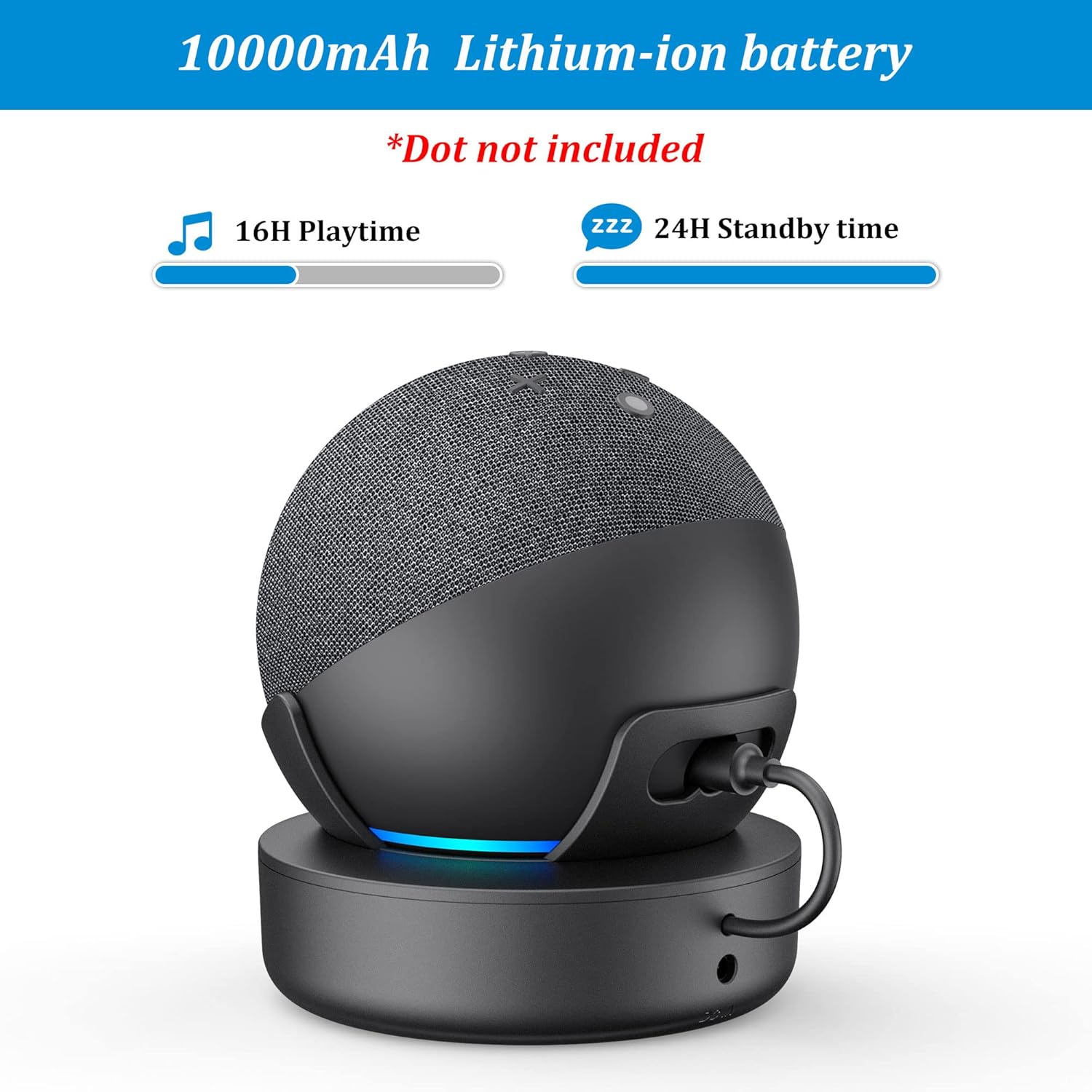 Image of the PlusAcc battery base with an Echo Dot, highlighting the 10000mAh battery, 16 hours playtime, and 24 hours standby time.