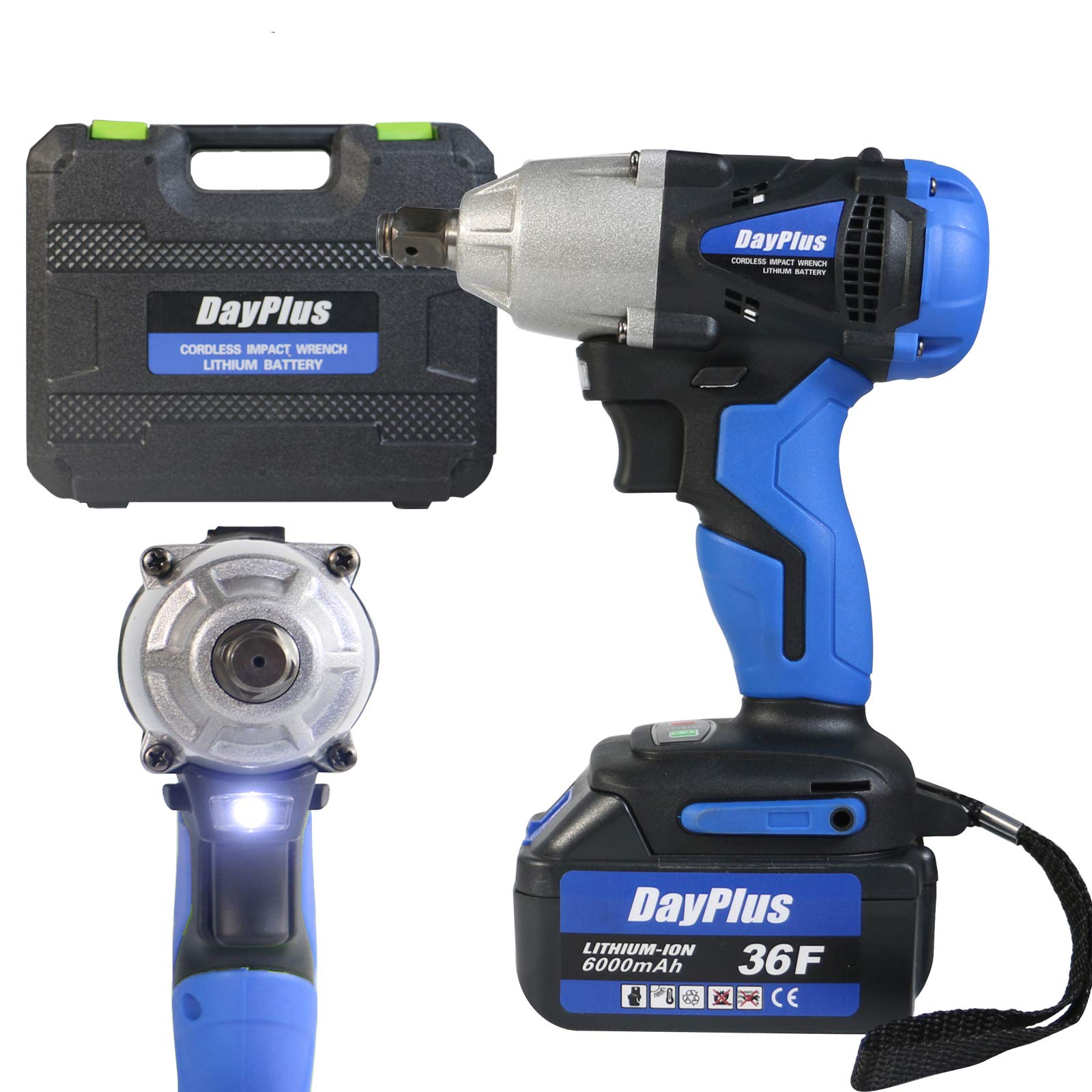 Dicn Blue Cordless 18V Impact Wrench Brushless With Case, 1/2Inch Square Driver, Rechargeable Batteries 6000Mah, Forward Reverse Setting, 420Nm Max Torque With Led Light & Sockets 14Mm/17Mm/ 19Mm/22Mm