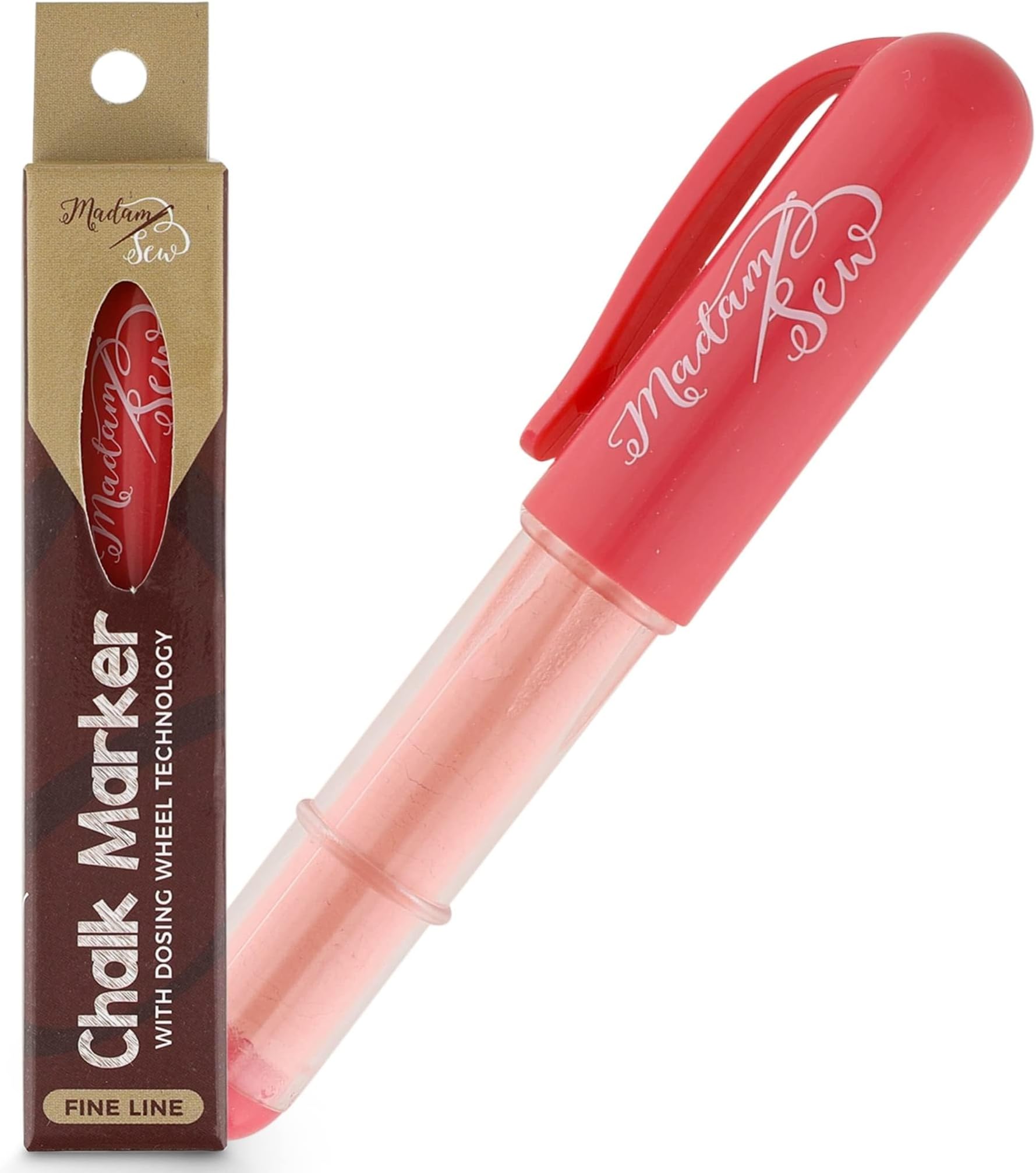 Madam Sew Refillable Tailors Chalk for Fabric - Washable Fabric Markers for Sewing and Quilting with Dosing Wheel, Tailor Chalk Pen for Precise Marking on Cotton, Knit, Suede [Red]