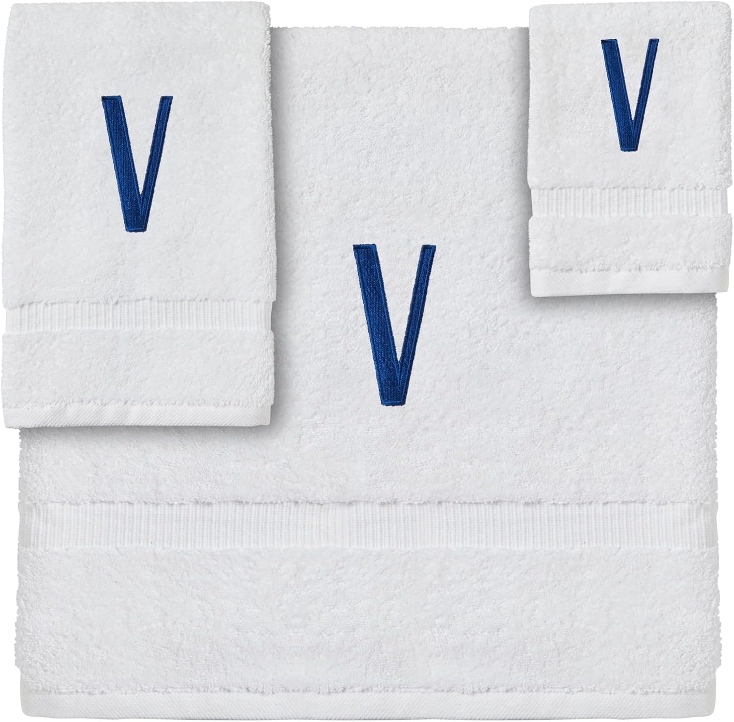 Juvale 3 Piece Letter V Monogrammed Bath Towels Set, White Cotton Bath Towel, Hand Towel, and Washcloth with Blue Embroidered Initial V for Wedding Gift, Bridal Shower