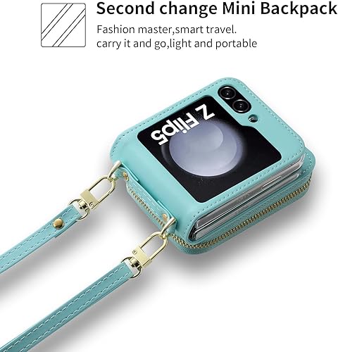 Miniatura 6 de Para Samsung Galaxy Z Flip 5 Lujosa funda de cuero con cremallera ofrece 6 ranuras para tarjetas, con correa para la muñeca y correa de hombro