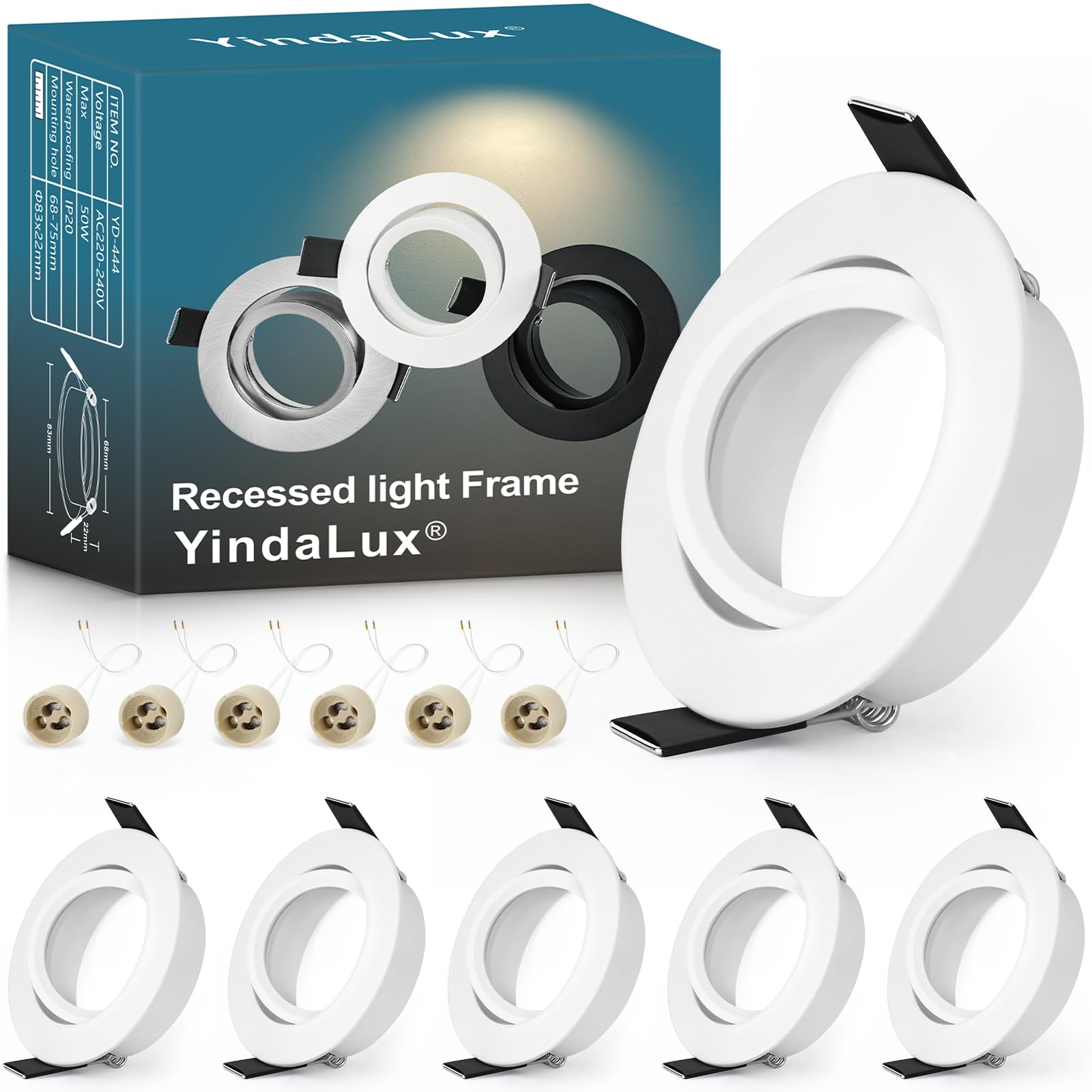 YindaLux 6 Pack GU10 Downlight Bezels White, 45° Adjustable Aluminium Recessed Spotlight Frames, 230V with GU10 Holder, Ø84mm, Cut-Out 68-75mm, Round Ceiling Spots, No Bulb