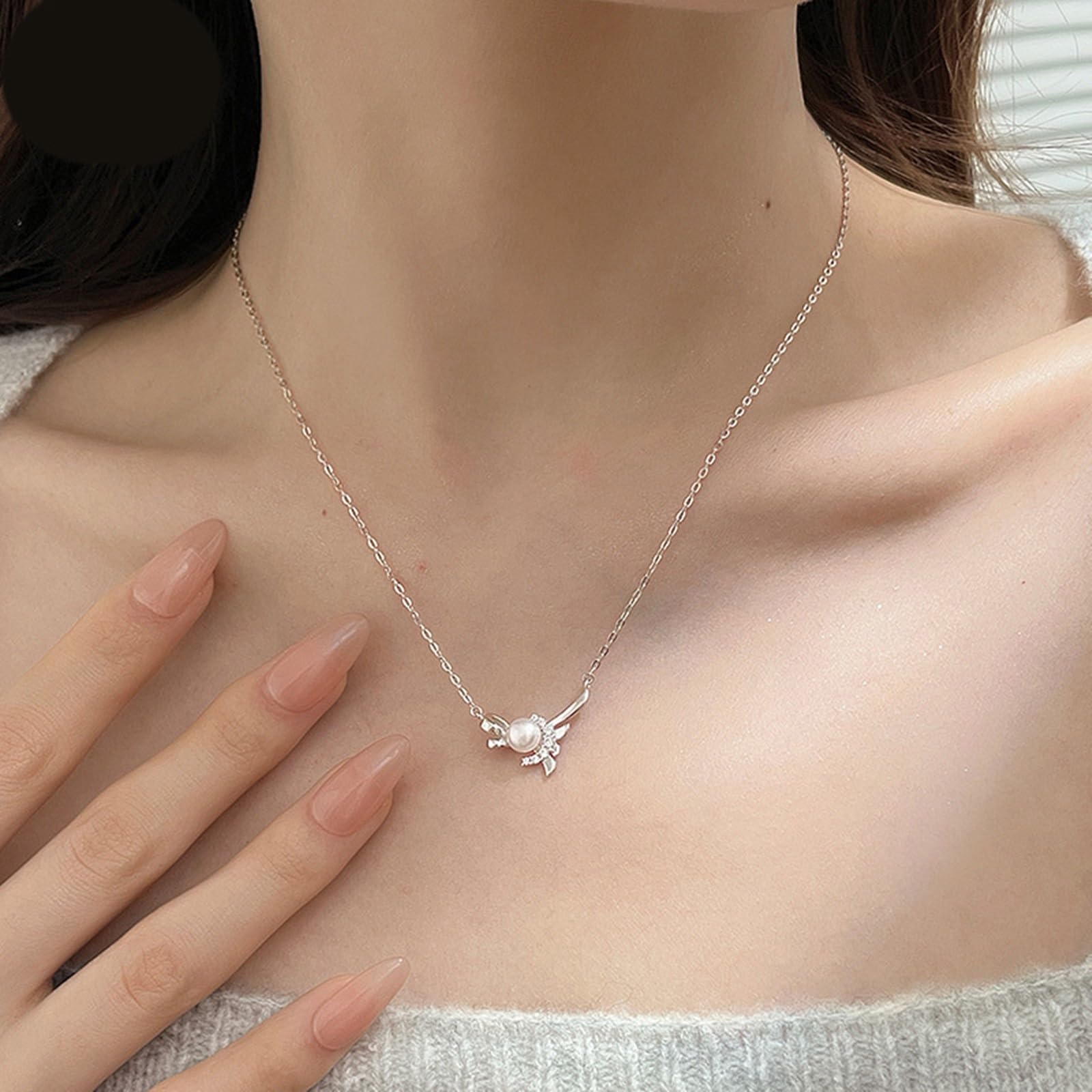 Ketten Für Frauen, Frauen Weißgold Elegante Halskette mit Schleifenknoten-Anhänger, 5,8 mm Perle und Moissanit, Ankerkette: 40+5cm