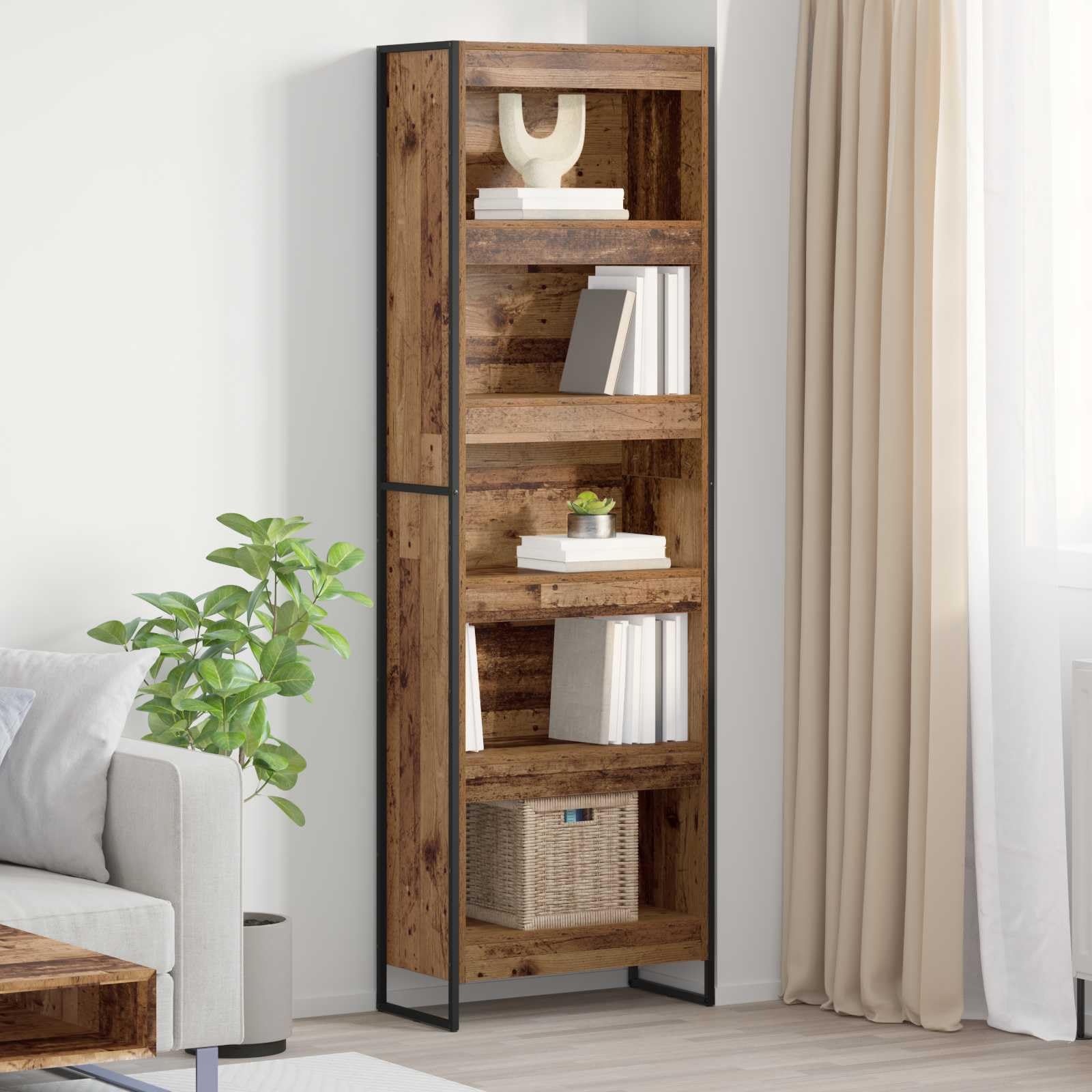 Regał na książki, zestaw 2 sztuk, wygląd starego drewna, 60 x 30 x 189,5 cm, materiał drewnopochodny, przemysłowy design, regał stojący z 6 półkami, trwały do salonu, sypialni
