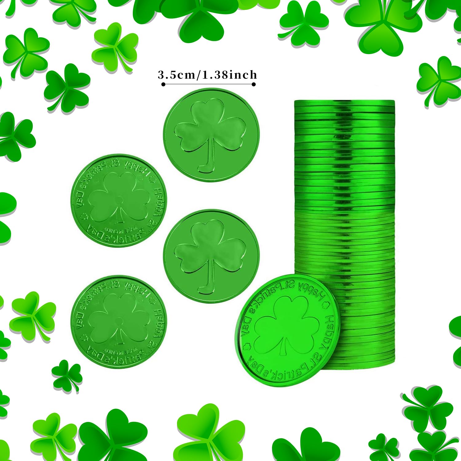 Lezevn 48pcs St. Patrick's Day Coins Green Plastic Shamrock Tokens Lucky Leprechaun Coins for Irish Party Supplies St. Patrick's Day Decor - Image 2