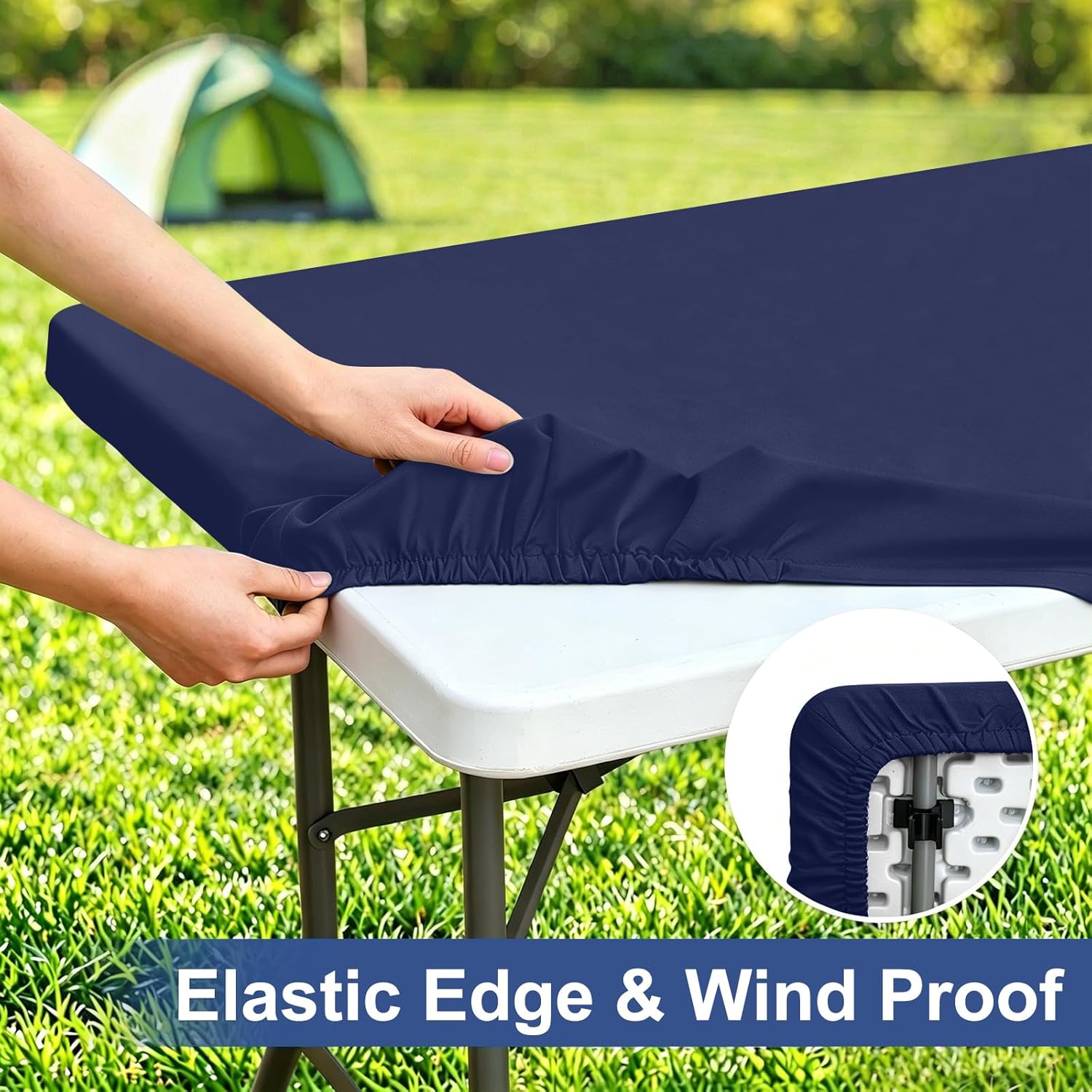 homing rectangle table cloth cover, waterproof polyester elastic fitted tablecloth, fits for 4 foot folding tables, washable table protector for picnic, camping, 4th of july (navy blue, 24" x 48") 48" x 24" (rectangular) navy blue 1